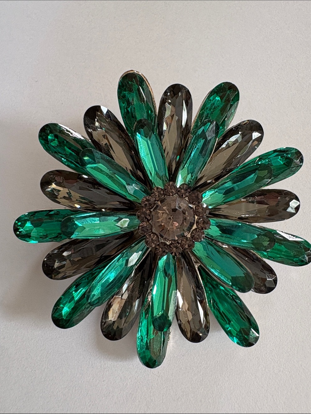 Emerald & Smoky Crystal Flower Brooch